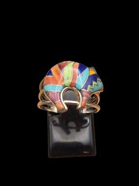 Sterling Silver Multicolor Mosaic Inlay Bear Ring, Zuni Style, Size 7